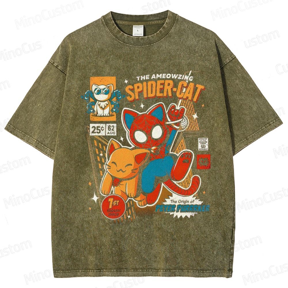 Spider-Man Parody Spider-Cat Graphic Washed Vintage T - Shirt