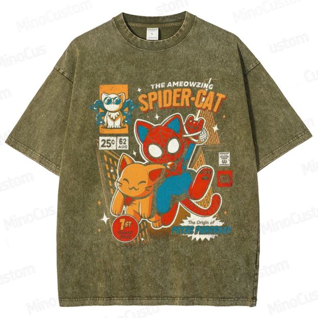 Spider-Man Parody Spider-Cat Graphic Washed Vintage T - Shirt