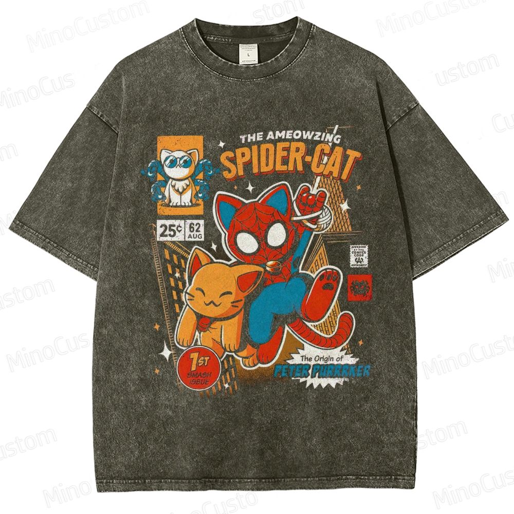 Spider-Man Parody Spider-Cat Graphic Washed Vintage T - Shirt