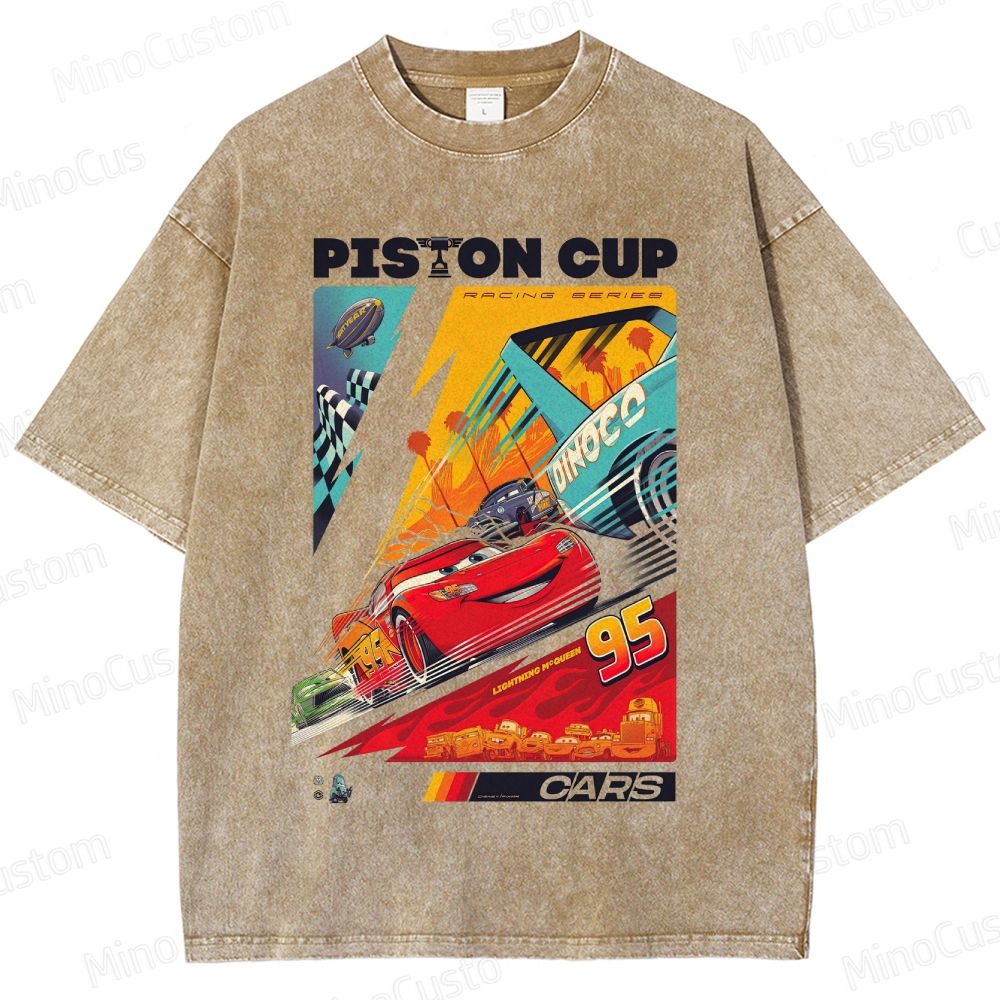 Cars Piston Cup Racing Scene Graphic Washed Vintage T - Shirt