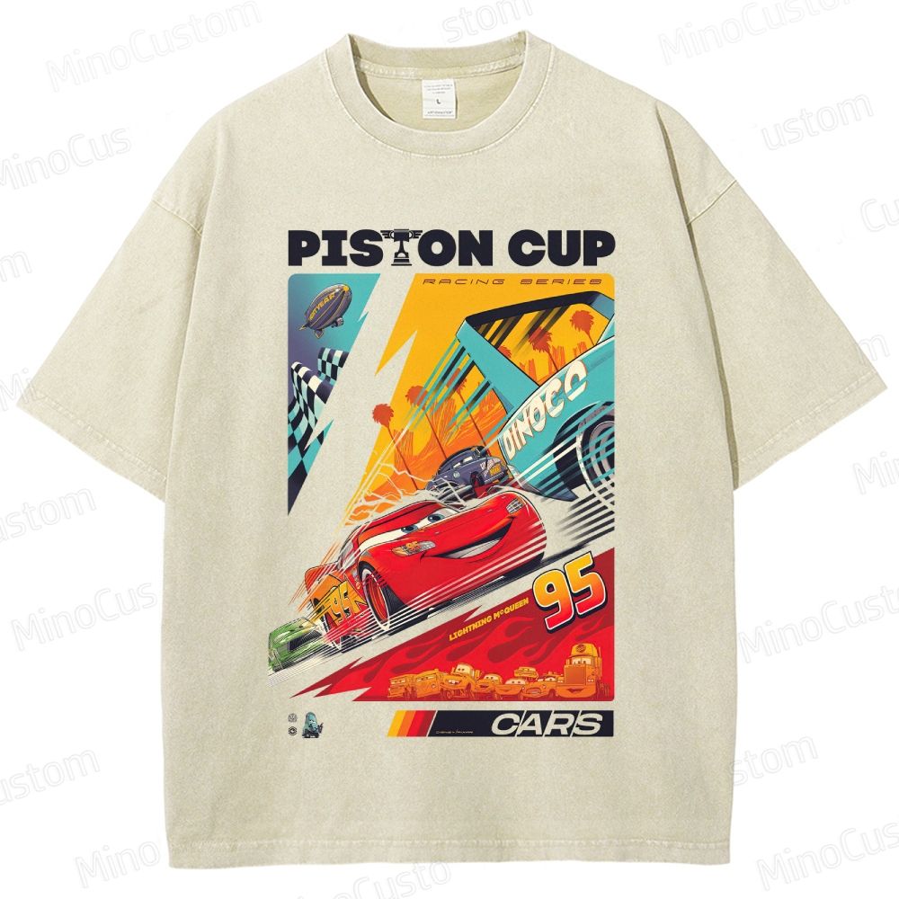 Cars Piston Cup Racing Scene Graphic Washed Vintage T - Shirt