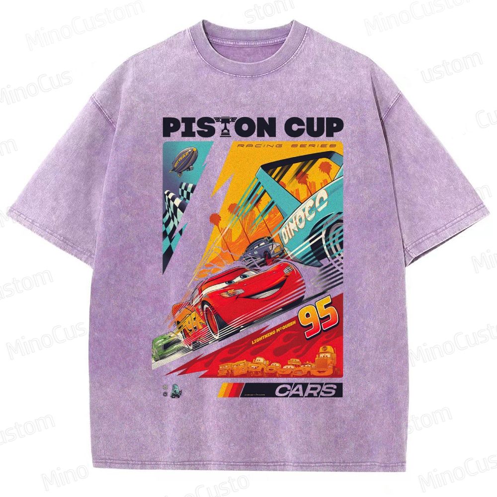 Cars Piston Cup Racing Scene Graphic Washed Vintage T - Shirt