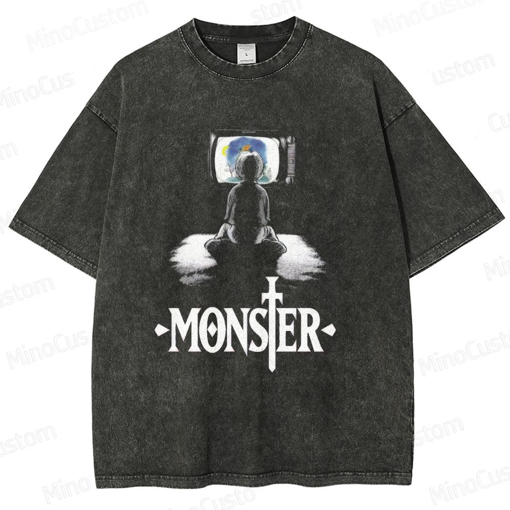 Monster Anime Scene Graphic Washed Vintage T - Shirt