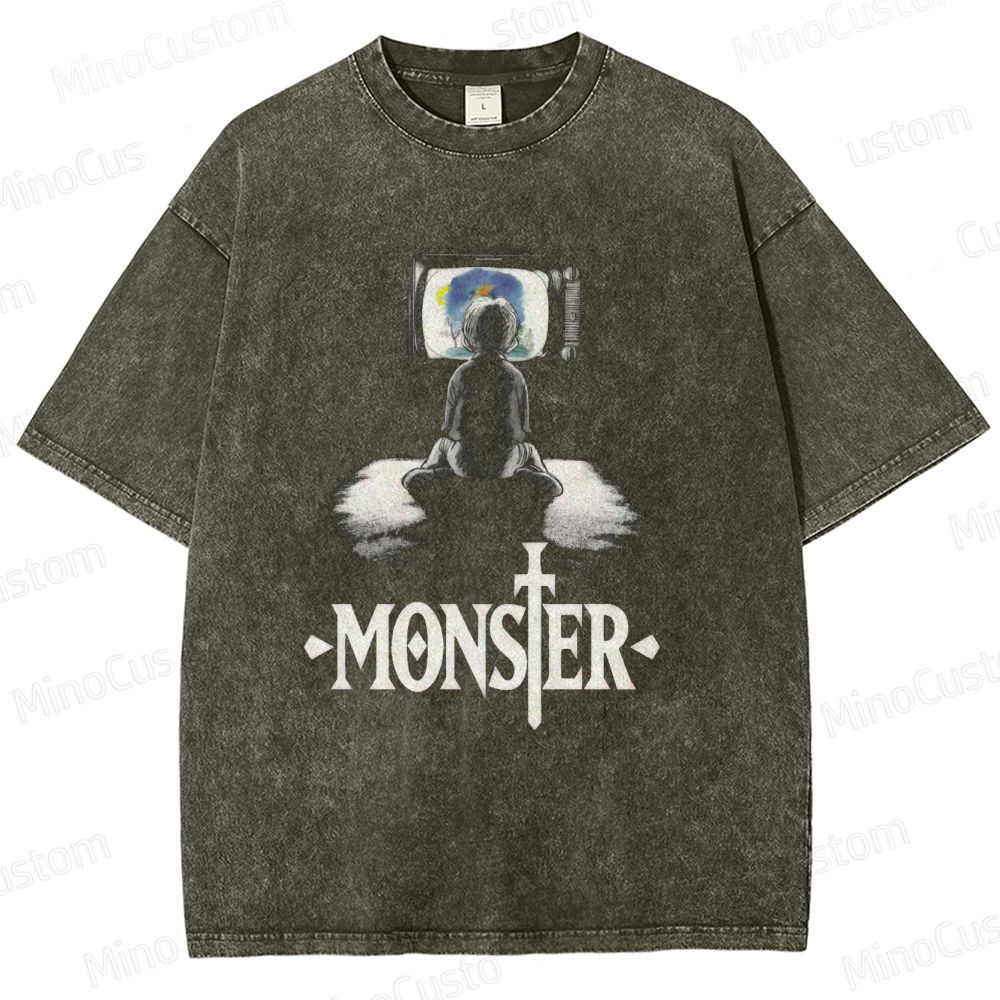 Monster Anime Scene Graphic Washed Vintage T - Shirt