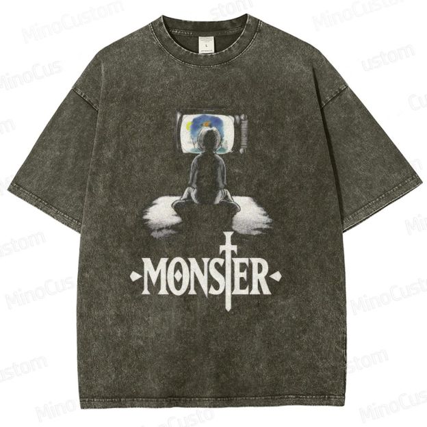 Monster Anime Scene Graphic Washed Vintage T - Shirt