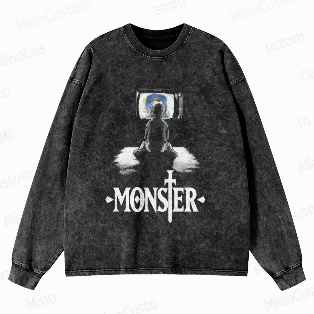 Monster Anime Scene Graphic Washed Vintage Long - Sleeve T - Shirt