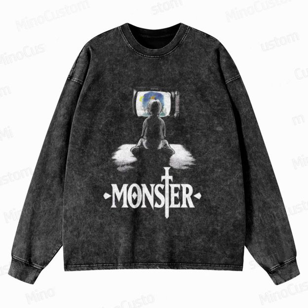 Monster Anime Scene Graphic Washed Vintage Long - Sleeve T - Shirt