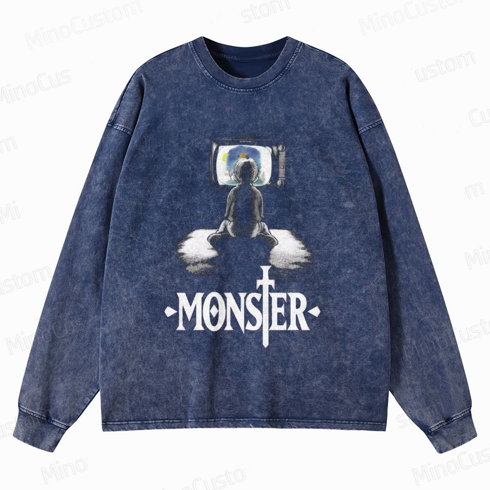 Monster Anime Scene Graphic Washed Vintage Long - Sleeve T - Shirt