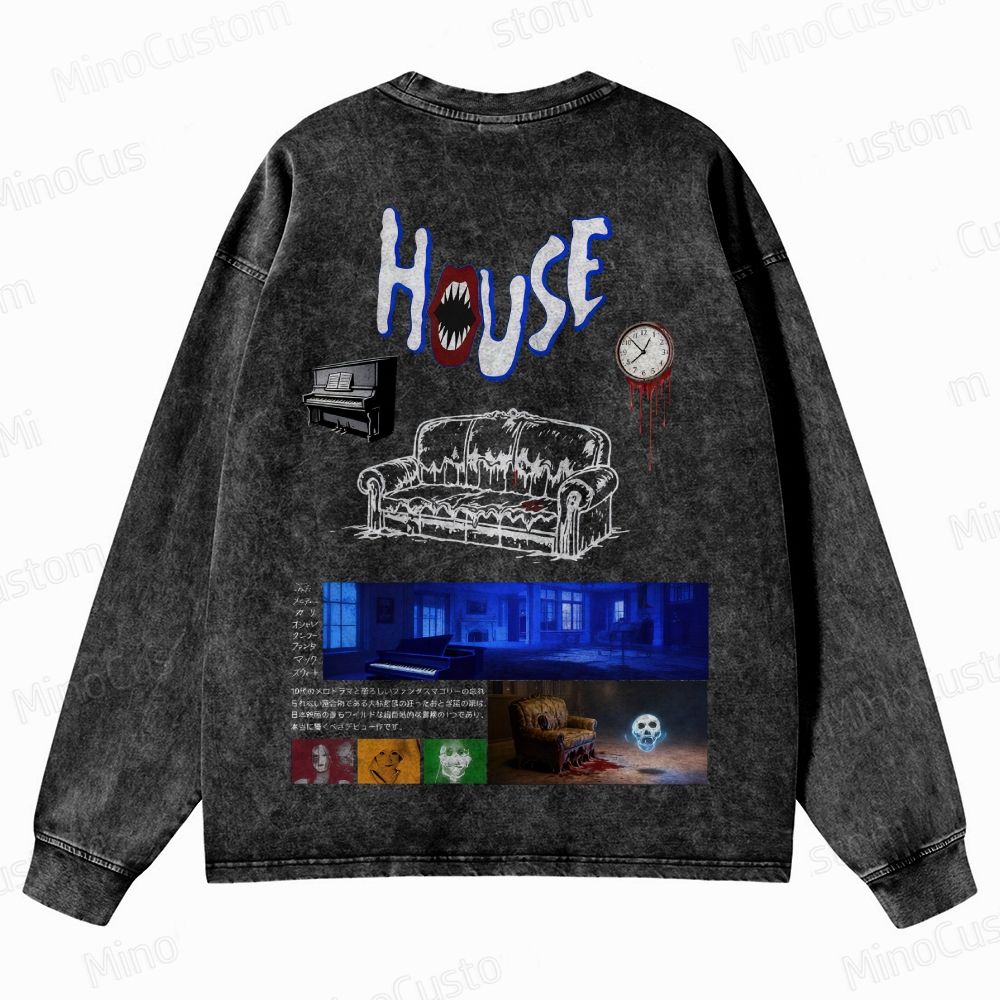 House (Hausu) Collage Horror Graphic Washed Vintage Long - Sleeve T - Shirt