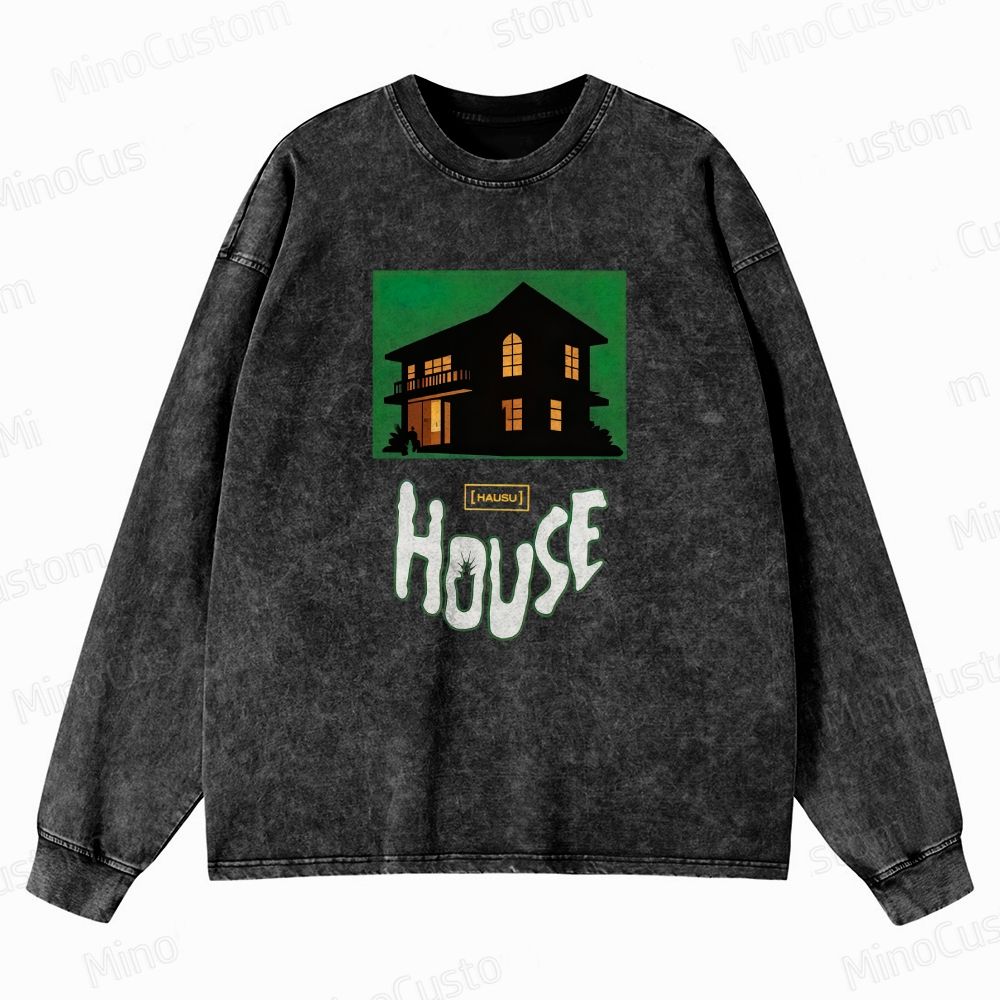 House (Hausu) Collage Horror Graphic Washed Vintage Long - Sleeve T - Shirt