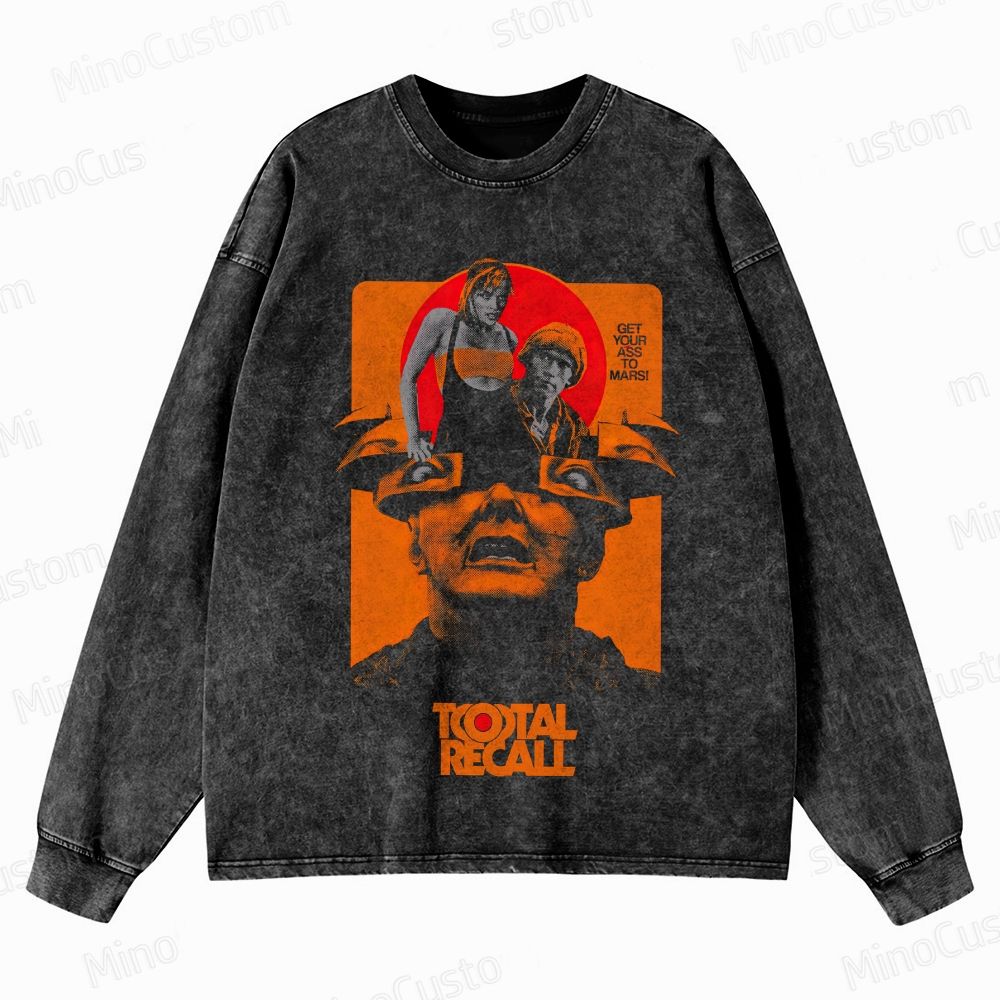 Total Recall Collage Sci - Fi Graphic Washed Vintage Long - Sleeve T - Shirt