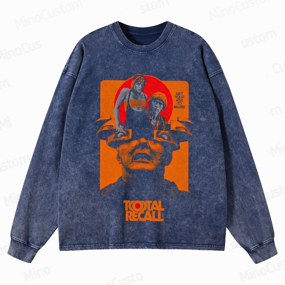 Total Recall Collage Sci - Fi Graphic Washed Vintage Long - Sleeve T - Shirt