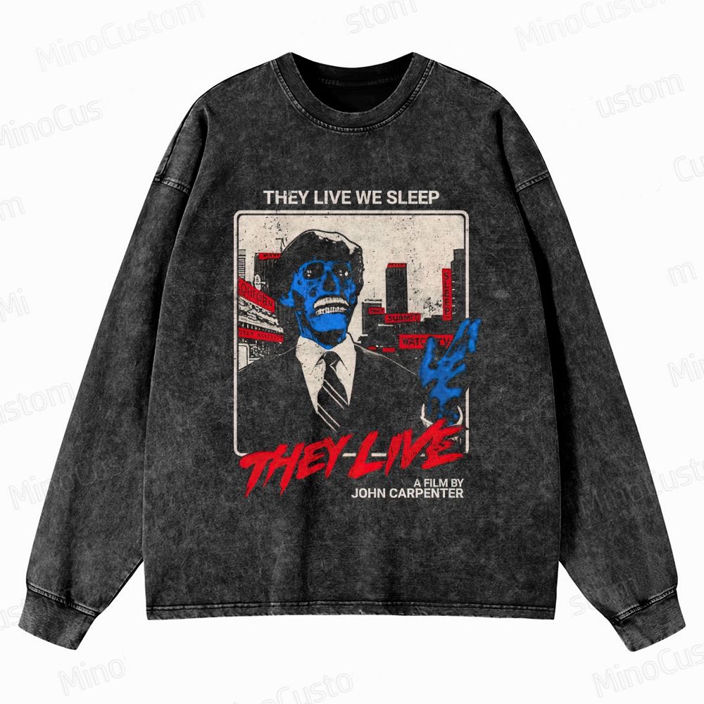 They Live Retro Sci - Fi Horror Graphic Washed Vintage Long - Sleeve T - Shirt