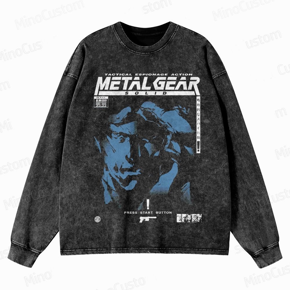 Metal Gear Solid Retro Game Graphic Washed Vintage Long - Sleeve T - Shirt