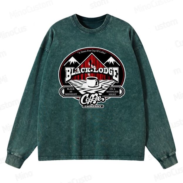 Twin Peaks Black Lodge Retro Cult TV Coffee Graphic Washed Vintage Long-Sleeve Shirt