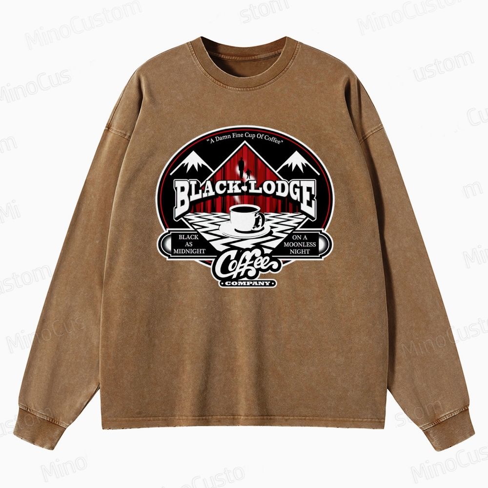 Twin Peaks Black Lodge Retro Cult TV Coffee Graphic Washed Vintage Long-Sleeve Shirt