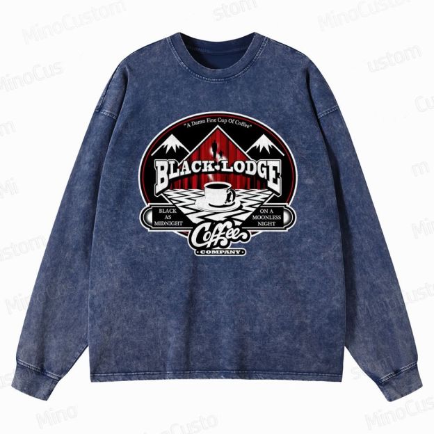 Twin Peaks Black Lodge Retro Cult TV Coffee Graphic Washed Vintage Long-Sleeve Shirt