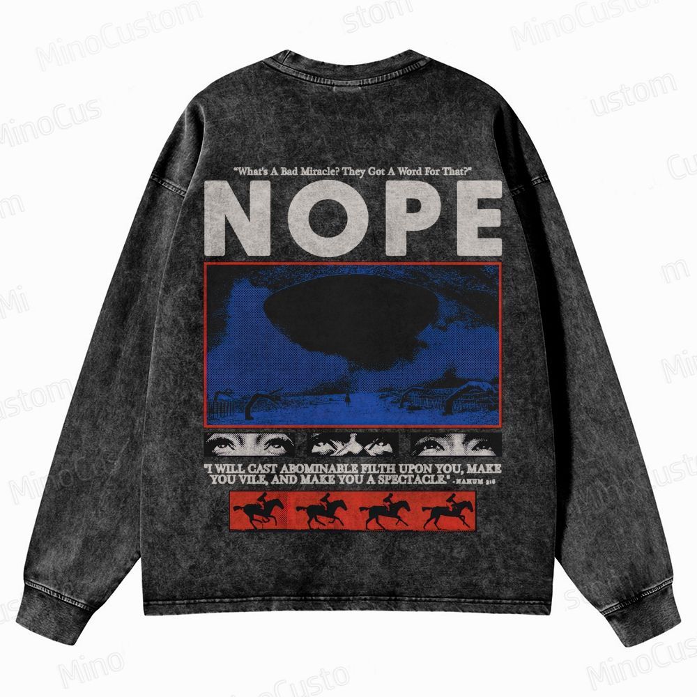 Nope Retro Sci-Fi Horror Graphic Washed Vintage Long-Sleeve Shirt
