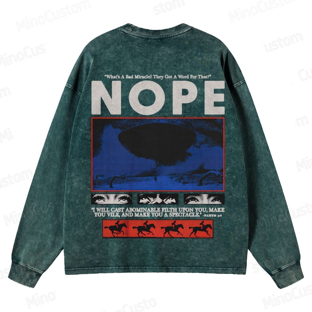 Nope Retro Sci-Fi Horror Graphic Washed Vintage Long-Sleeve Shirt