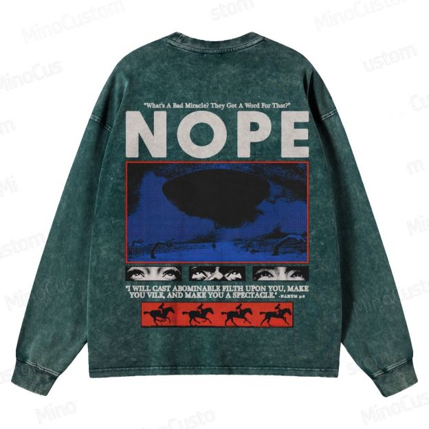 Nope Retro Sci-Fi Horror Graphic Washed Vintage Long-Sleeve Shirt