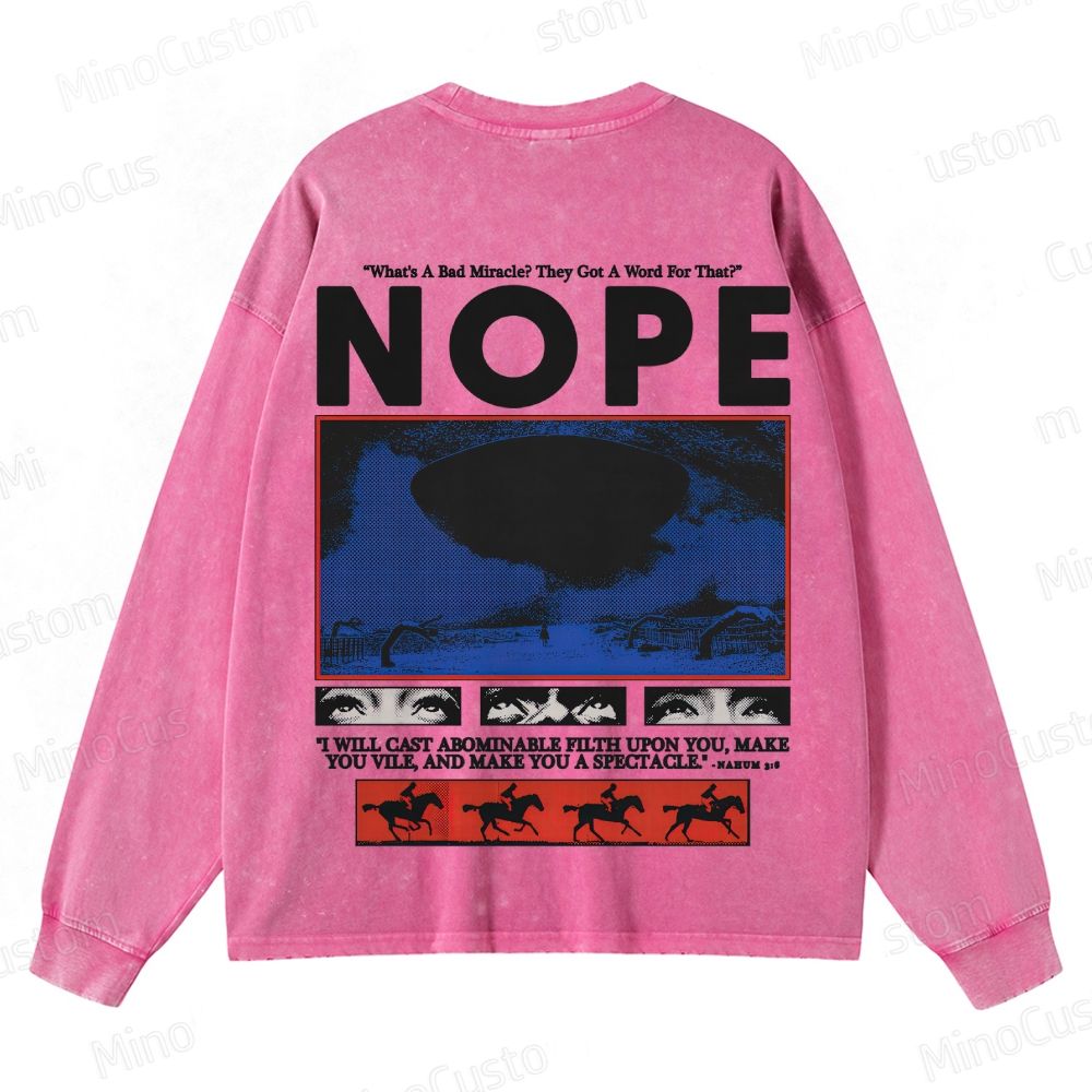 Nope Retro Sci-Fi Horror Graphic Washed Vintage Long-Sleeve Shirt