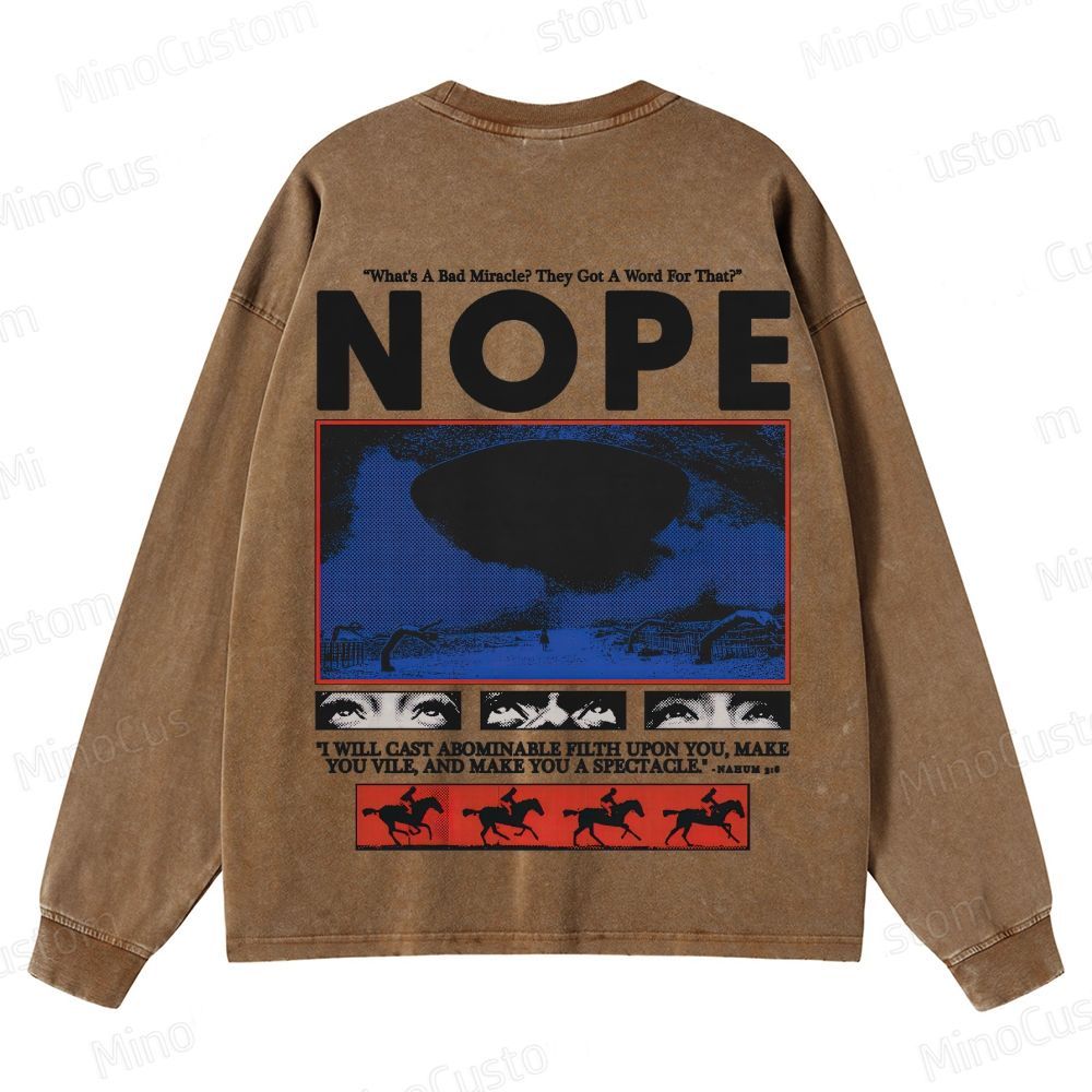 Nope Retro Sci-Fi Horror Graphic Washed Vintage Long-Sleeve Shirt
