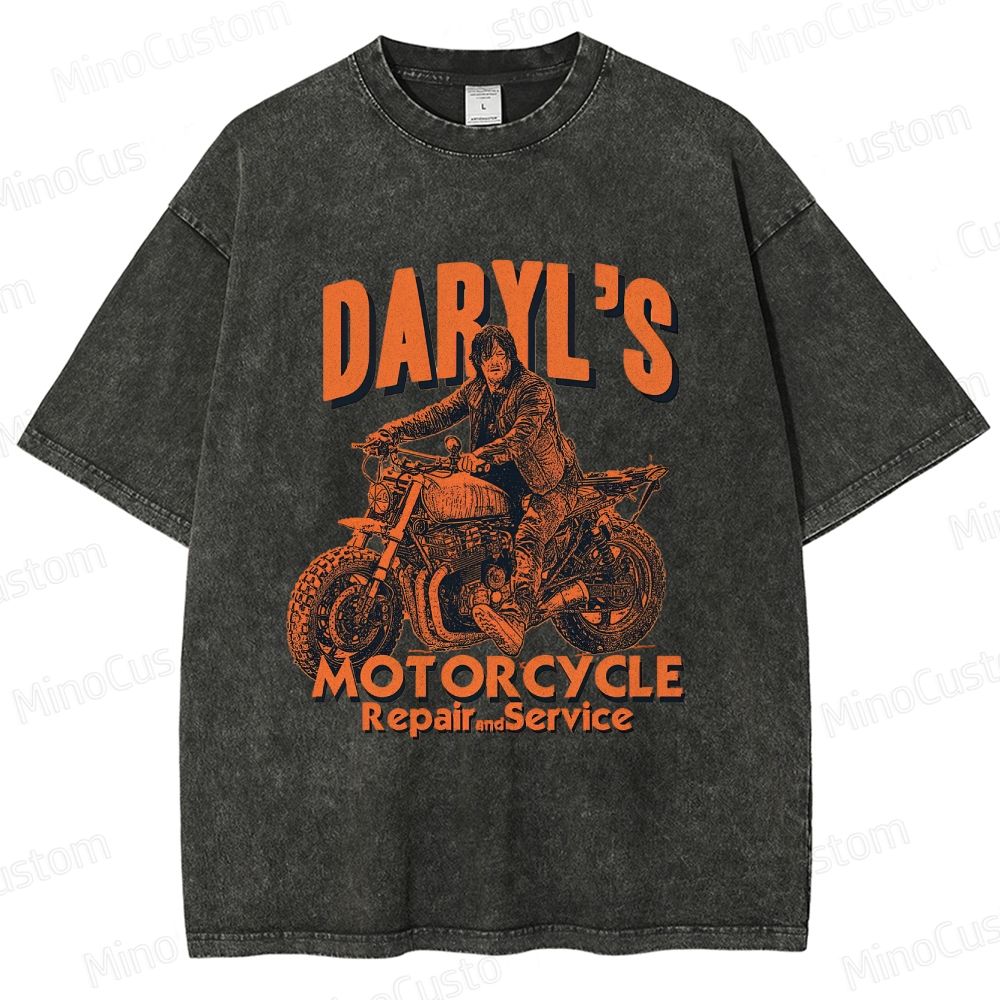 The Walking Dead Daryl Motorcycle Printed Washed Vintage Beige Short Sleeve T-Shirt