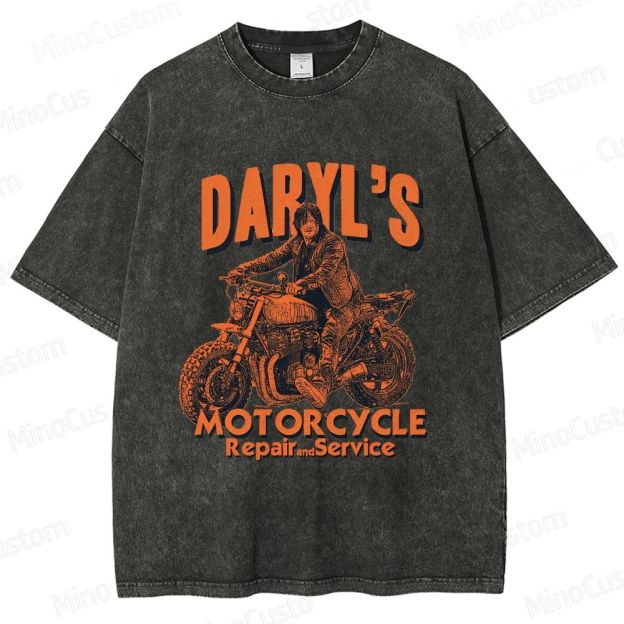 The Walking Dead Daryl Motorcycle Printed Washed Vintage Beige Short Sleeve T-Shirt