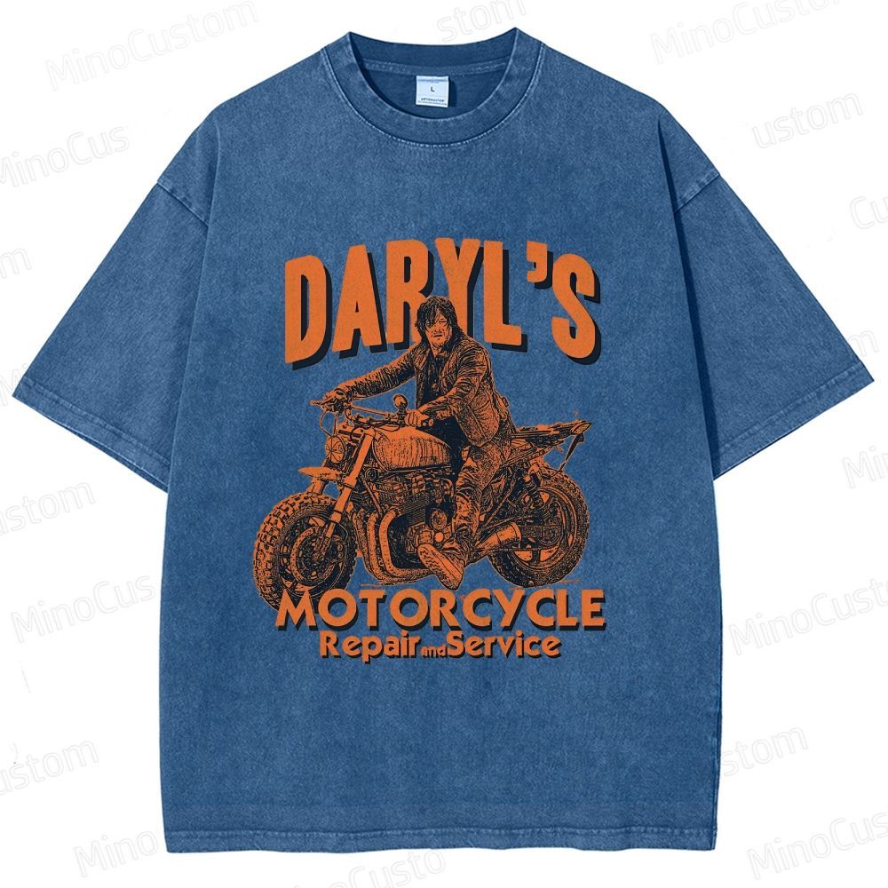 The Walking Dead Daryl Motorcycle Printed Washed Vintage Beige Short Sleeve T-Shirt