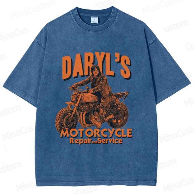 The Walking Dead Daryl Motorcycle Printed Washed Vintage Beige Short Sleeve T-Shirt