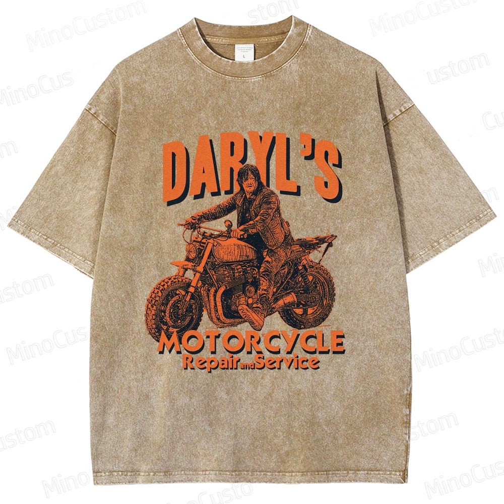 The Walking Dead Daryl Motorcycle Printed Washed Vintage Beige Short Sleeve T-Shirt
