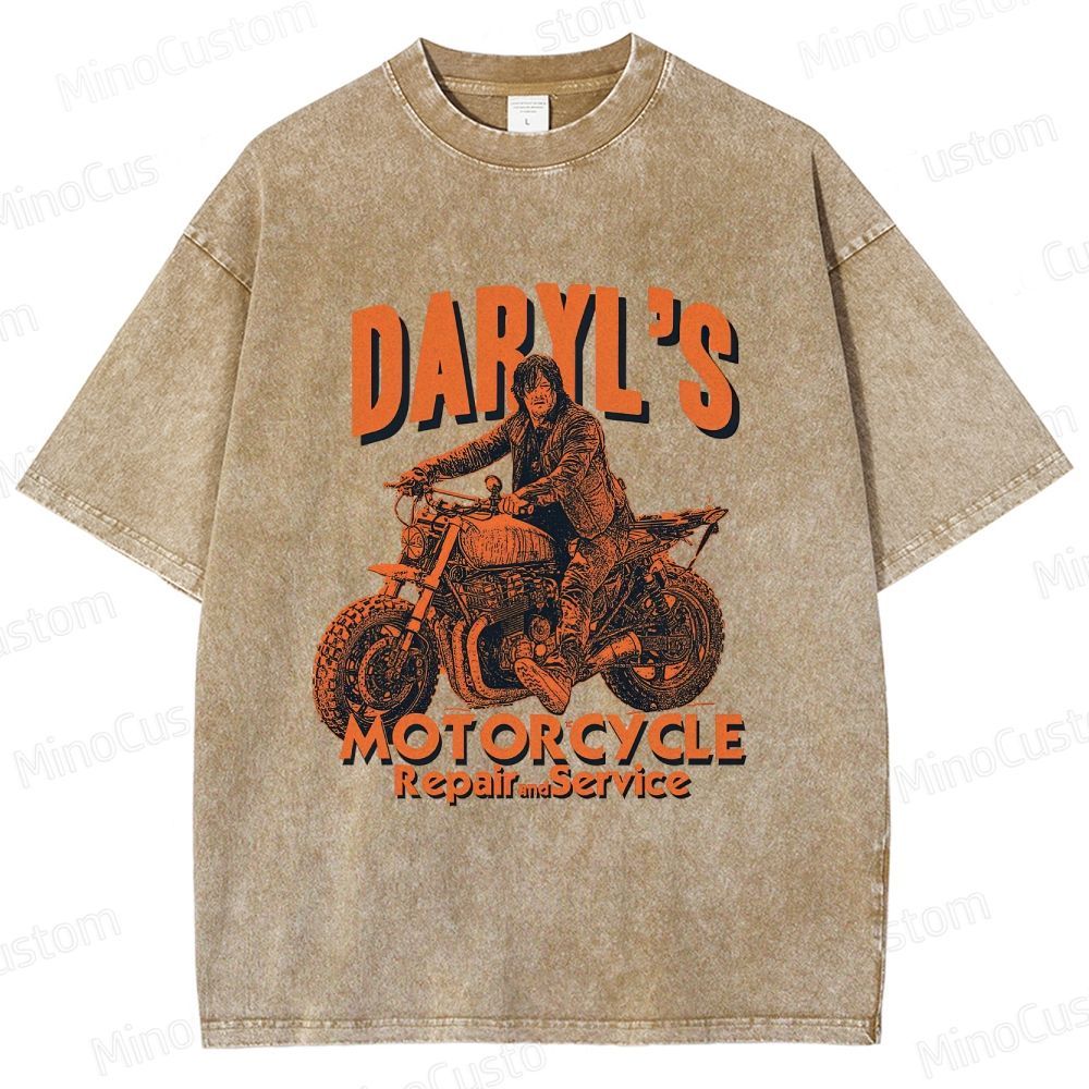 The Walking Dead Daryl Motorcycle Printed Washed Vintage Beige Short Sleeve T-Shirt