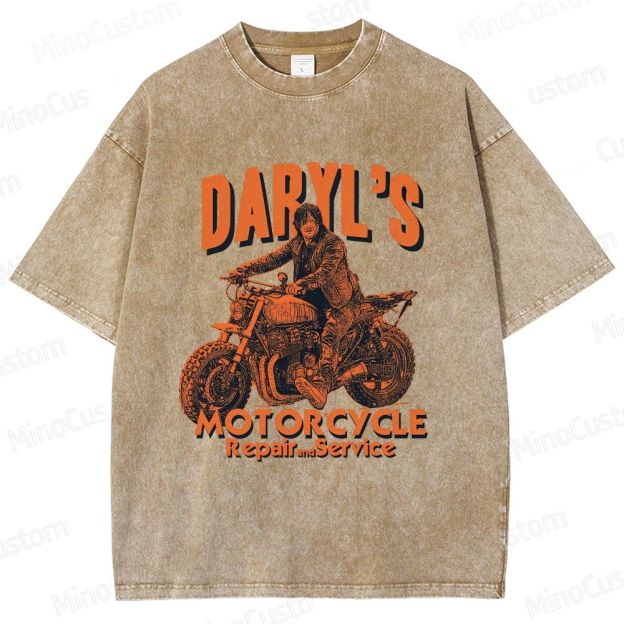 The Walking Dead Daryl Motorcycle Printed Washed Vintage Beige Short Sleeve T-Shirt