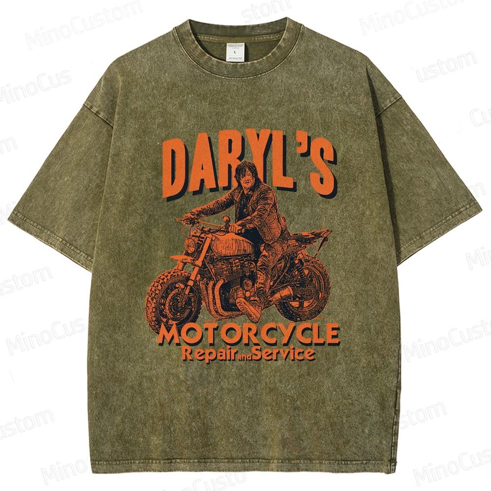 The Walking Dead Daryl Motorcycle Printed Washed Vintage Beige Short Sleeve T-Shirt