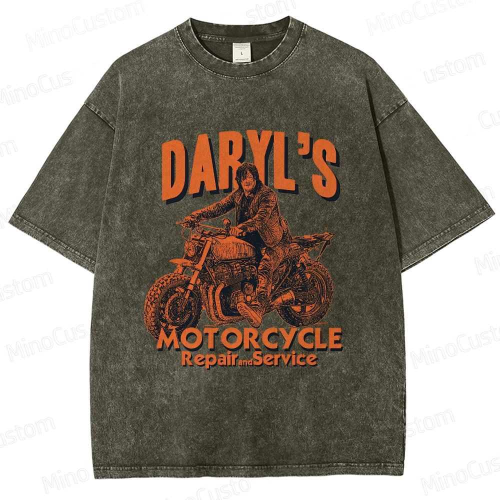 The Walking Dead Daryl Motorcycle Printed Washed Vintage Beige Short Sleeve T-Shirt