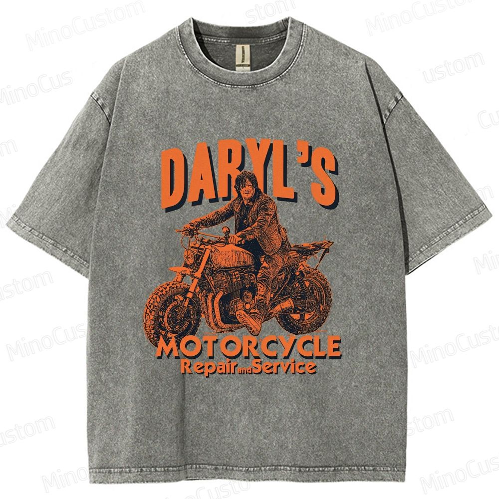 The Walking Dead Daryl Motorcycle Printed Washed Vintage Beige Short Sleeve T-Shirt