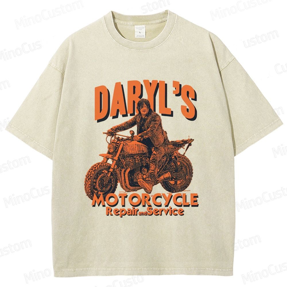 The Walking Dead Daryl Motorcycle Printed Washed Vintage Beige Short Sleeve T-Shirt