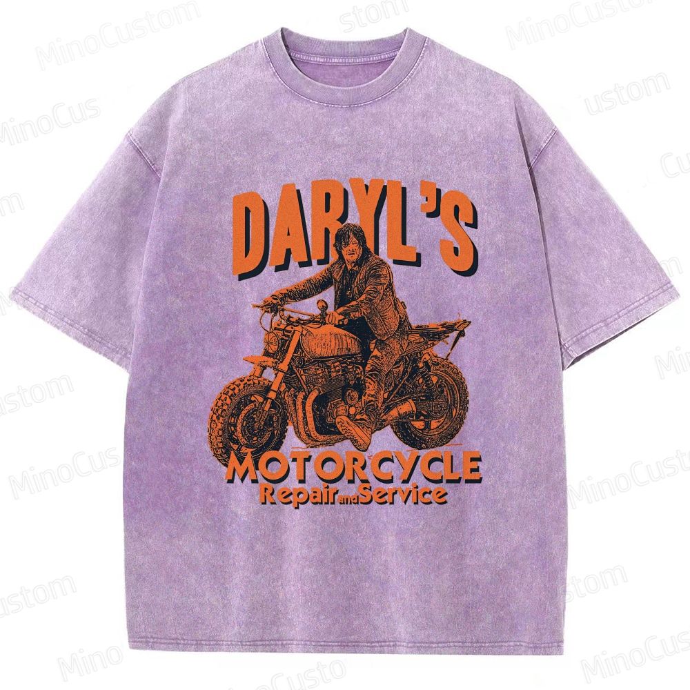 The Walking Dead Daryl Motorcycle Printed Washed Vintage Beige Short Sleeve T-Shirt