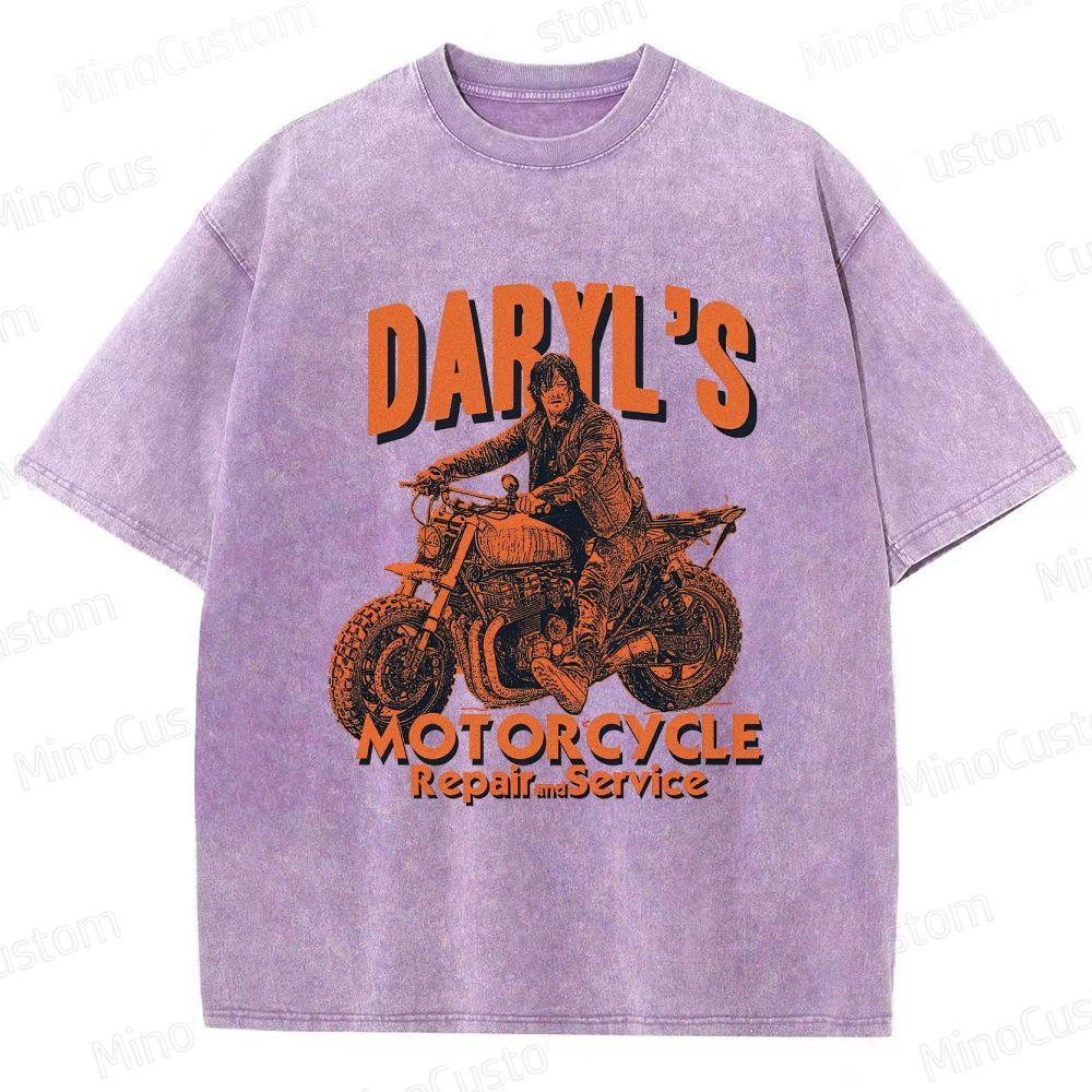 The Walking Dead Daryl Motorcycle Printed Washed Vintage Beige Short Sleeve T-Shirt