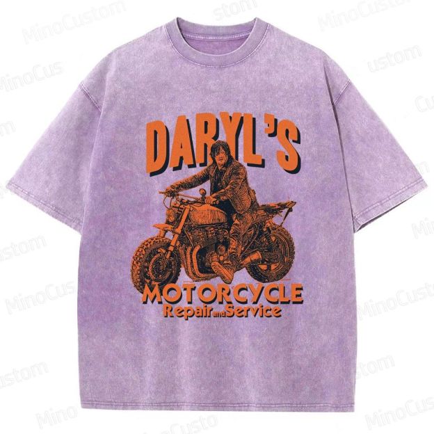 The Walking Dead Daryl Motorcycle Printed Washed Vintage Beige Short Sleeve T-Shirt