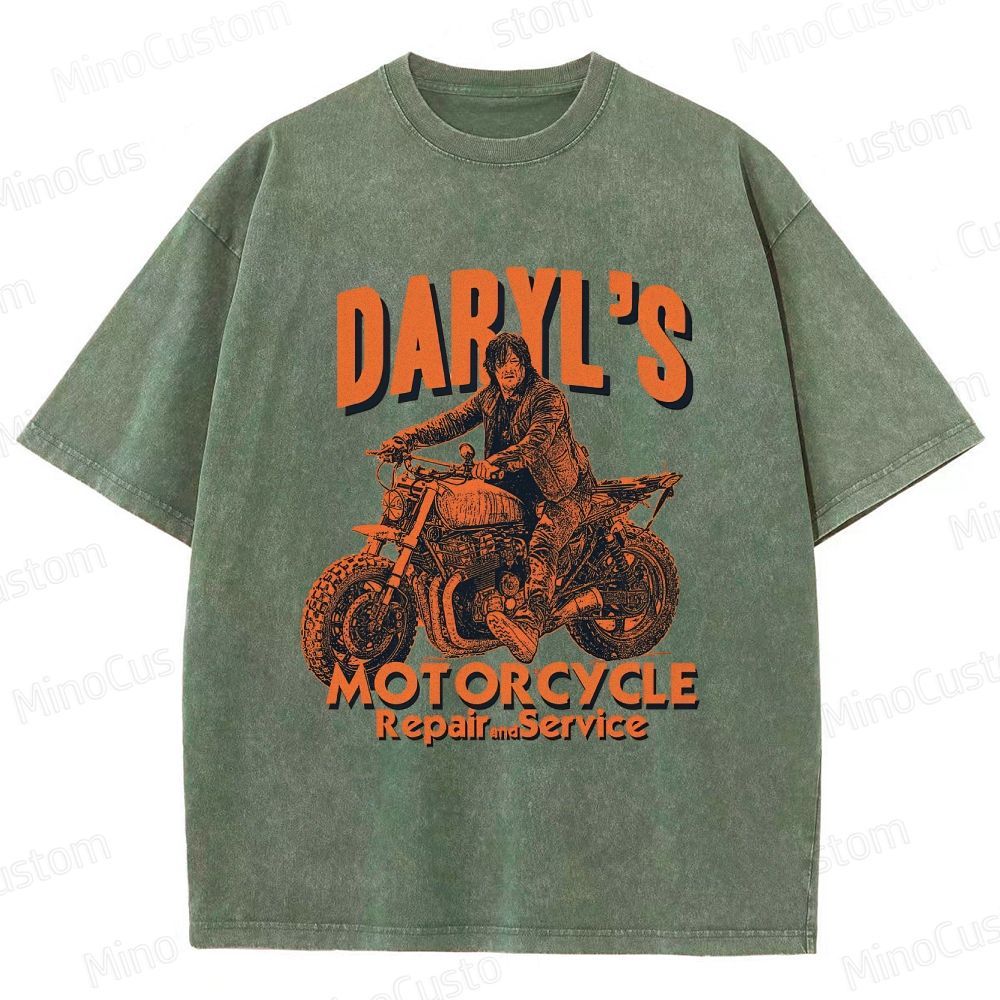 The Walking Dead Daryl Motorcycle Printed Washed Vintage Beige Short Sleeve T-Shirt