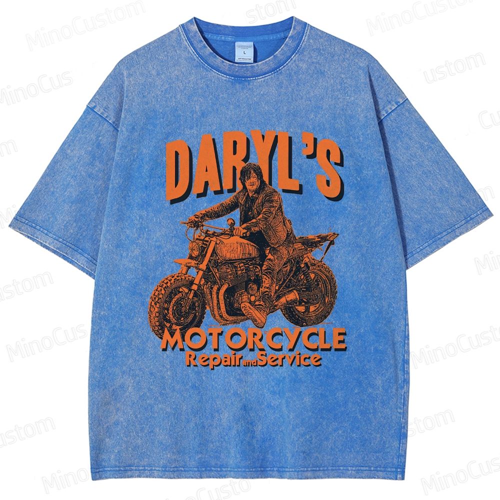 The Walking Dead Daryl Motorcycle Printed Washed Vintage Beige Short Sleeve T-Shirt