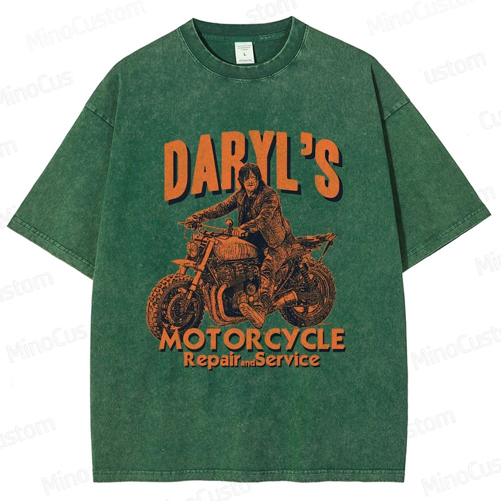 The Walking Dead Daryl Motorcycle Printed Washed Vintage Beige Short Sleeve T-Shirt