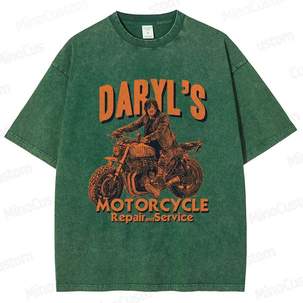 The Walking Dead Daryl Motorcycle Printed Washed Vintage Beige Short Sleeve T-Shirt