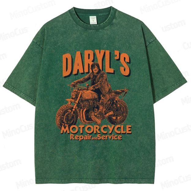 The Walking Dead Daryl Motorcycle Printed Washed Vintage Beige Short Sleeve T-Shirt