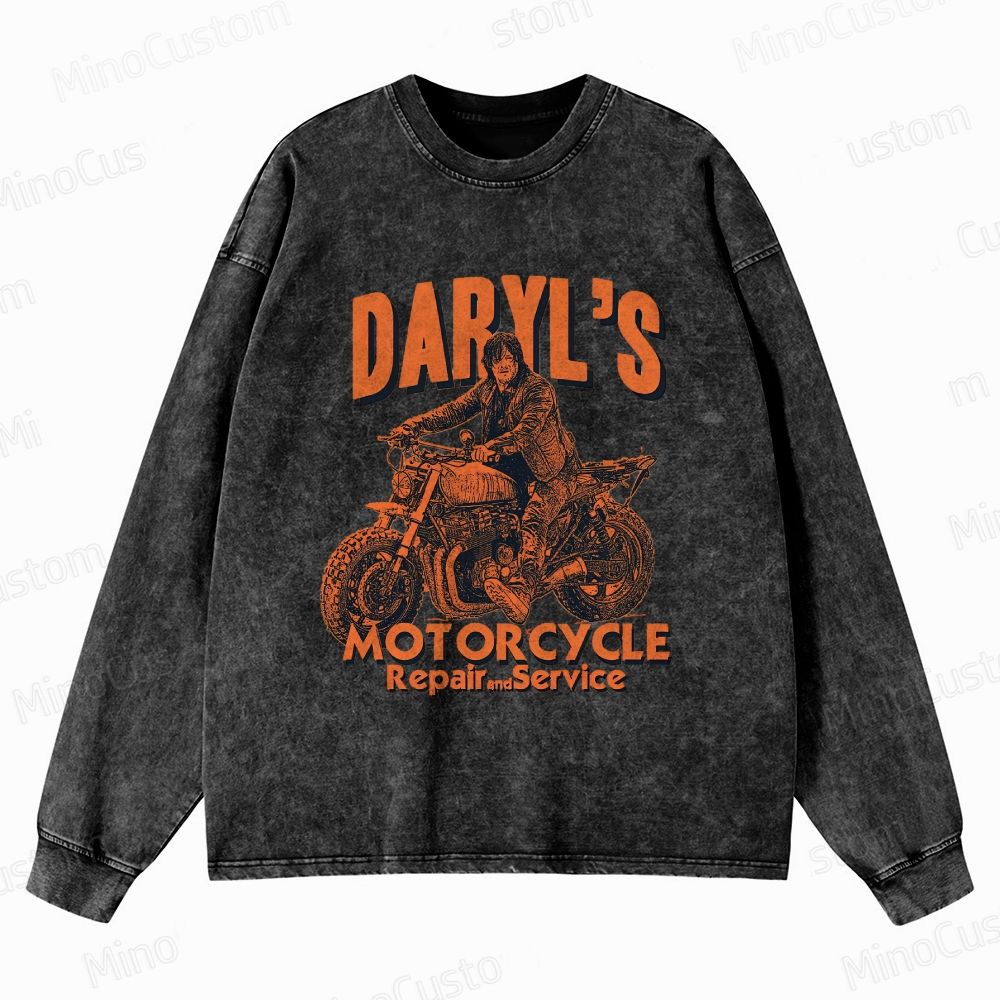 The Walking Dead: Daryl's Motorcycle Retro Post-Apocalyptic Graphic Washed Vintage Long-Sleeve T-Shirt