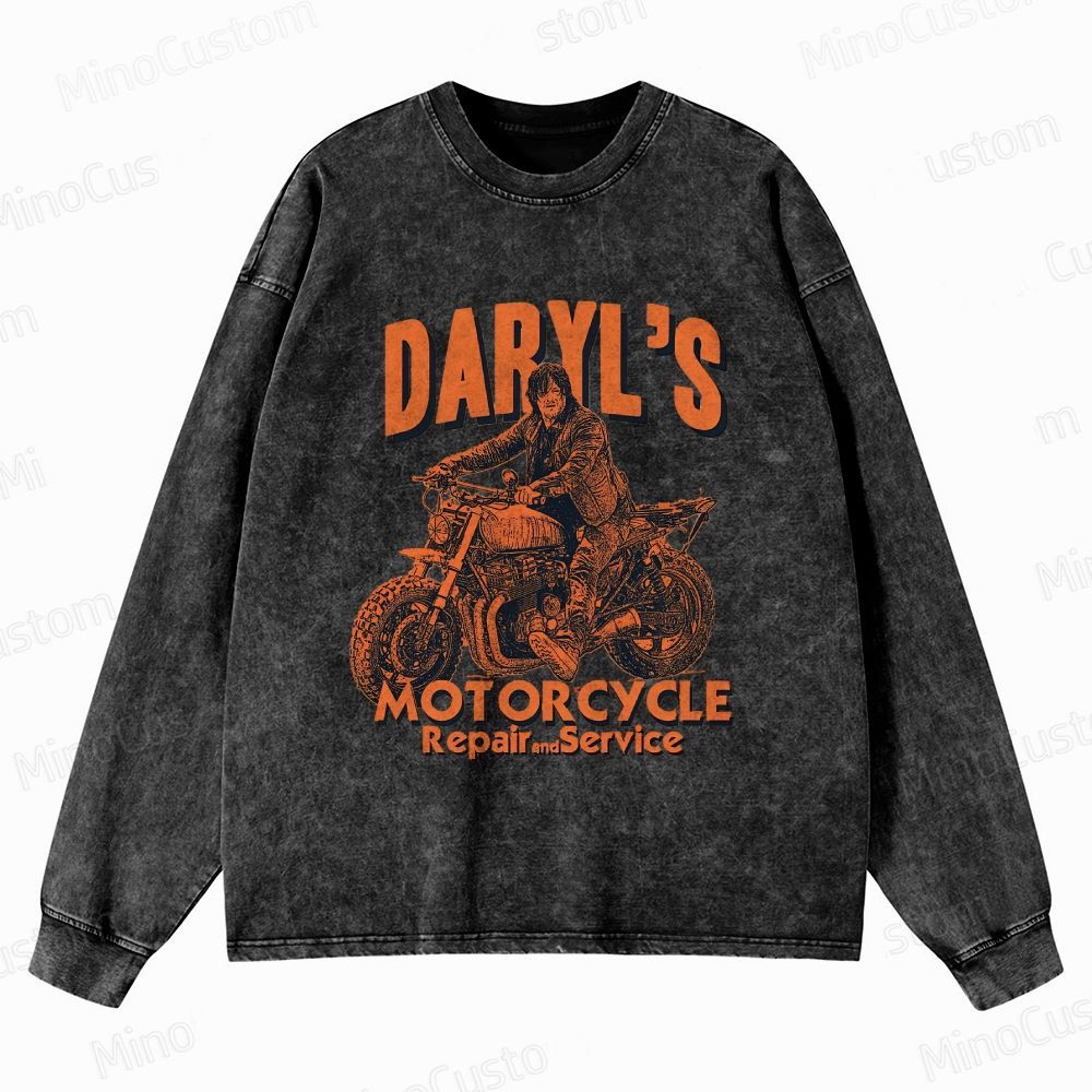 The Walking Dead: Daryl's Motorcycle Retro Post-Apocalyptic Graphic Washed Vintage Long-Sleeve T-Shirt