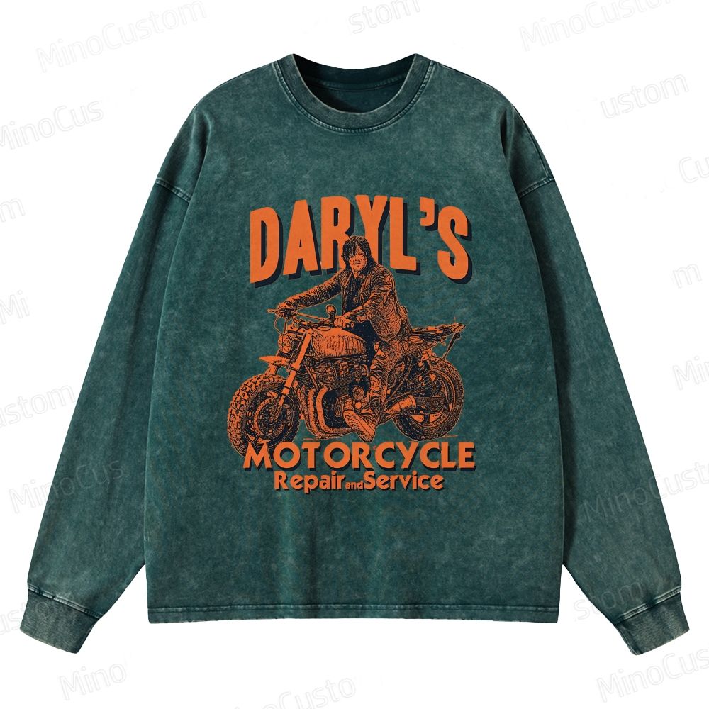 The Walking Dead: Daryl's Motorcycle Retro Post-Apocalyptic Graphic Washed Vintage Long-Sleeve T-Shirt