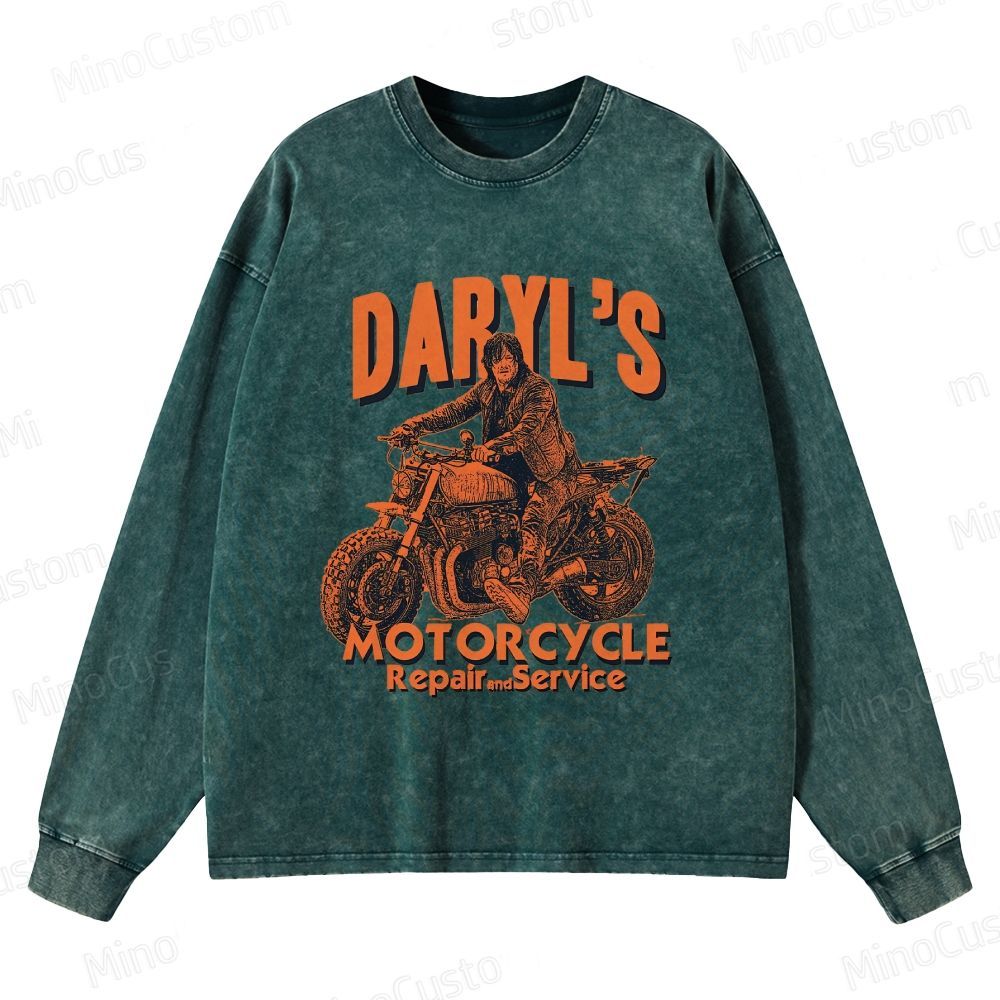 The Walking Dead: Daryl's Motorcycle Retro Post-Apocalyptic Graphic Washed Vintage Long-Sleeve T-Shirt