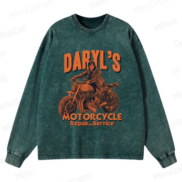 The Walking Dead: Daryl's Motorcycle Retro Post-Apocalyptic Graphic Washed Vintage Long-Sleeve T-Shirt